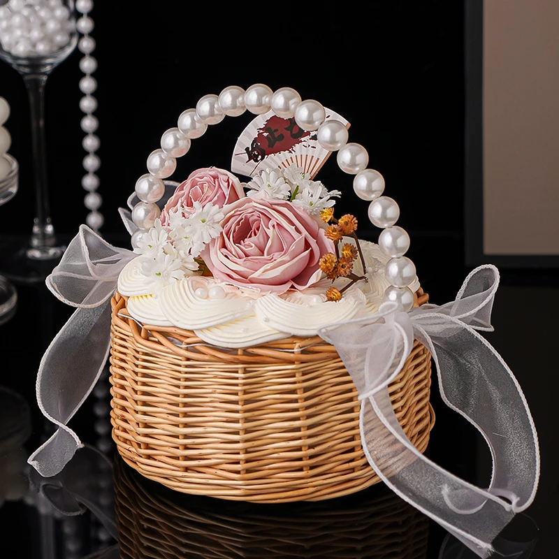 何止七夕情人节快乐蛋糕装饰鲜花篮子藤编竹篮手提珍珠篮子装扮