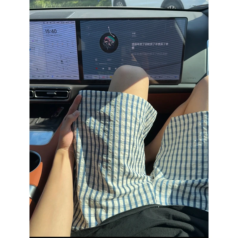 蓝色泡泡纱格子短裤男夏季薄款拼接设计感直筒裤子休闲阔腿五分裤