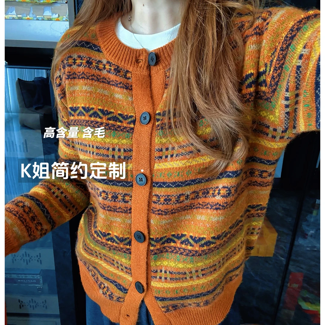 GTNER“KK定制”早秋新款浣熊提花针织开衫宽松圆领费尔岛毛衣D2113