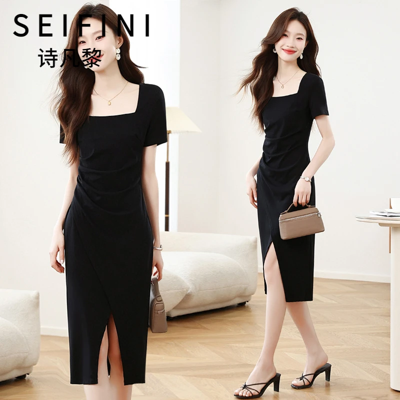 SEIFINI/诗凡黎折扣女装气质显瘦连衣裙法式收腰黑色方领开叉长裙