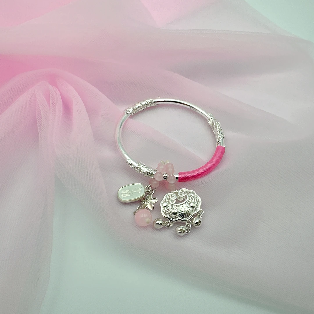 足银手镯 银9999平安锁繁花似锦手镯实心高级感时尚百搭轻奢小众