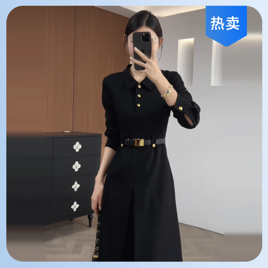 法式复古黑色Polo领长袖衬衫连衣裙子女早秋2025新款简单大方长裙