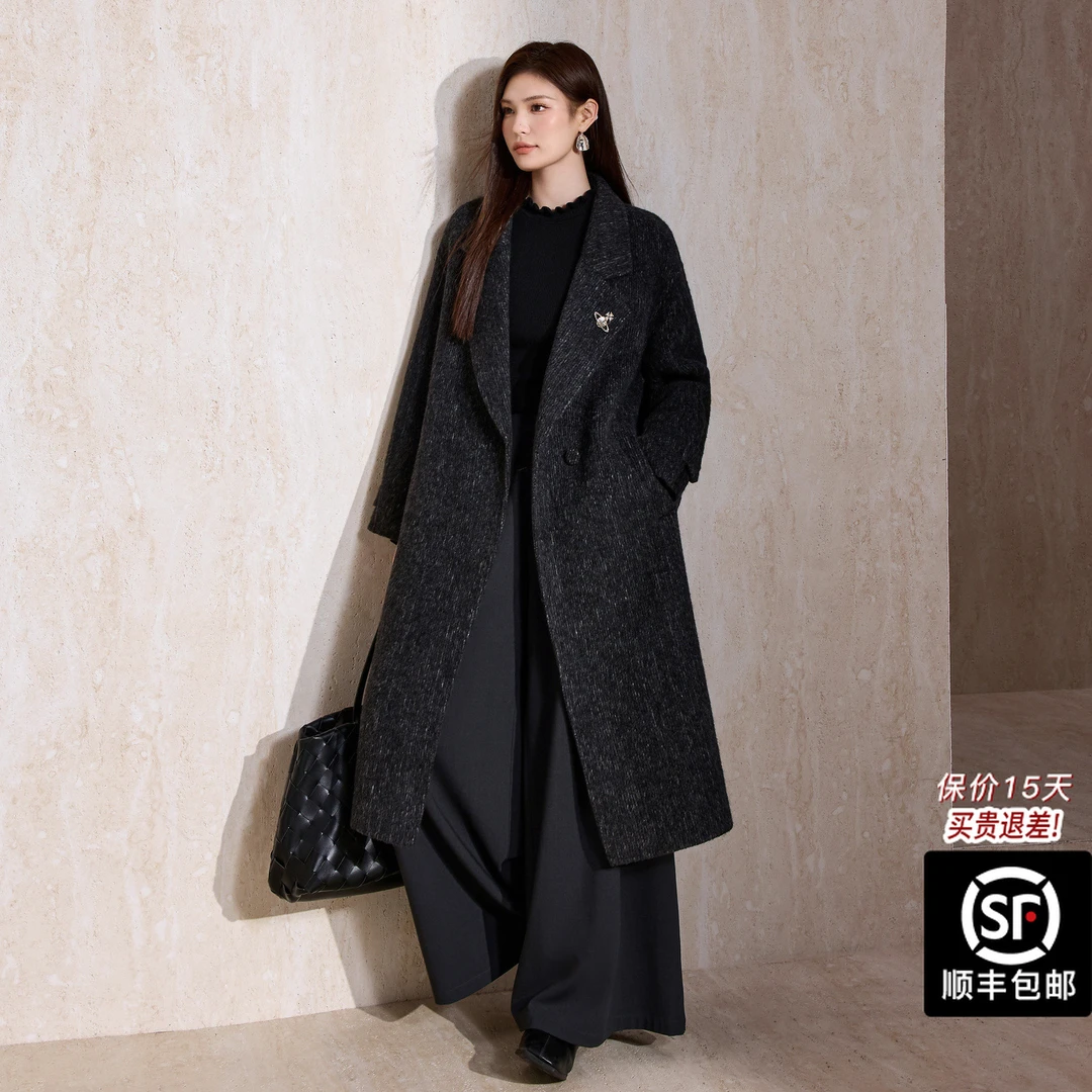 蓝语大码女装绵羊毛气质时尚毛呢设计师秋冬中长款双面呢大衣