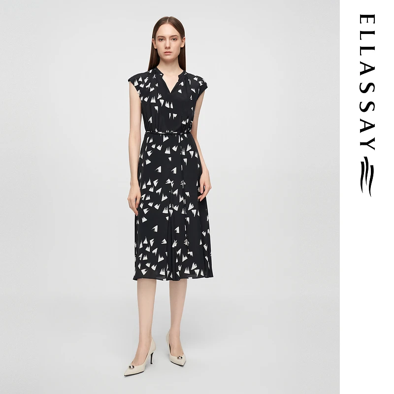 ELLASSAY歌力思2025夏季新款撞色印花收腰连衣裙女EWE362Y13100