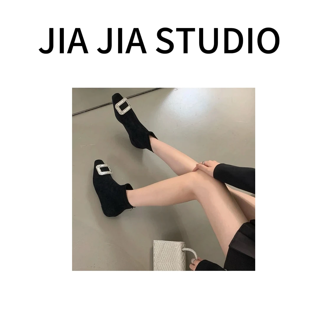 嘉嘉推荐 #818款【秋冬加绒瘦瘦靴】轻奢方钻法式小短靴