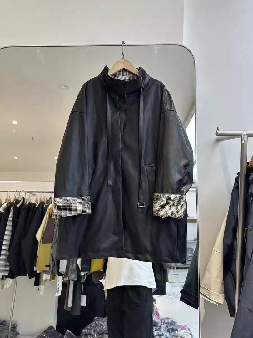 立领格子撞色减龄中长款皮衣外套女2025秋新款5568