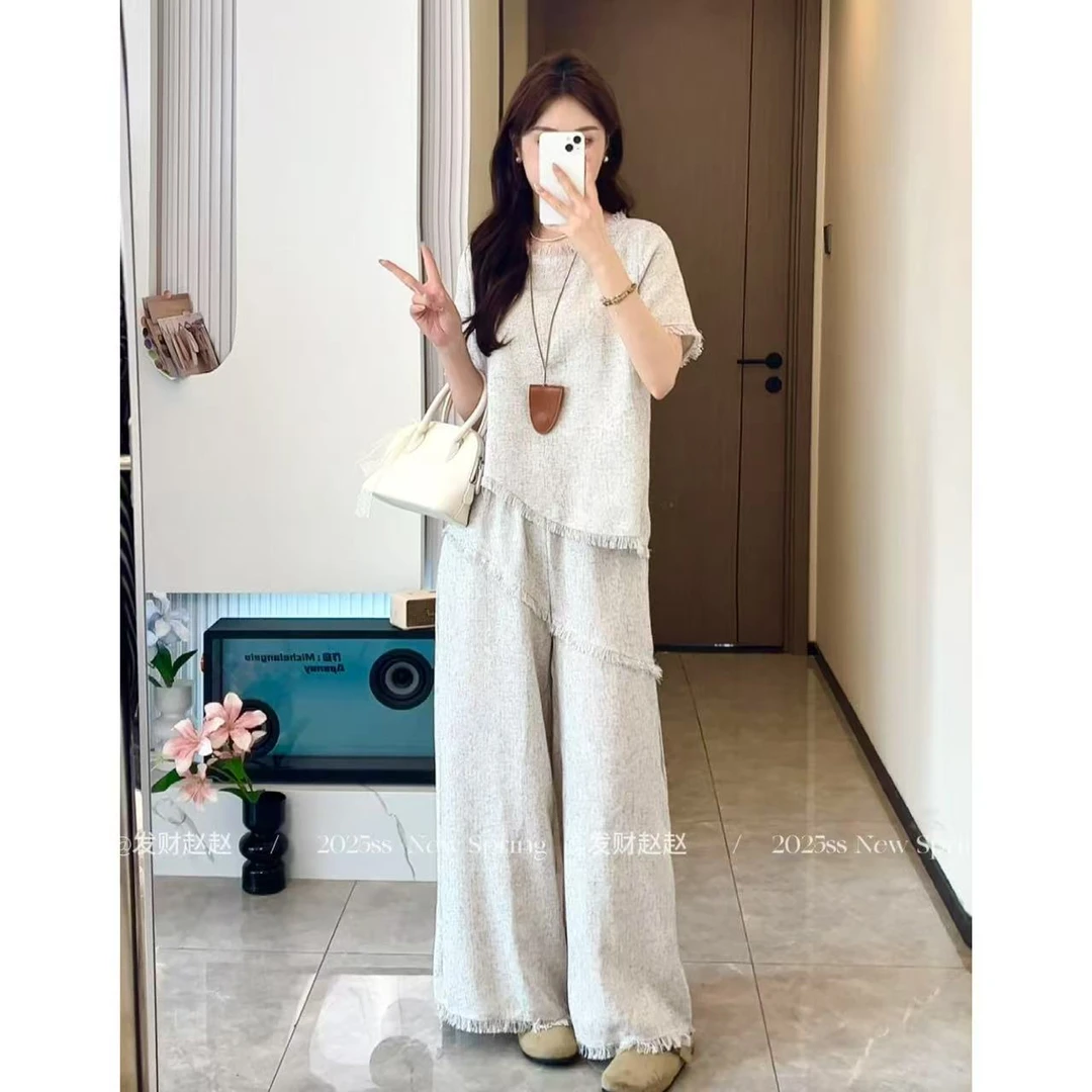 善雅/超显瘦 宽松休闲重工流苏上衣+长裤#3136夏季小香风两件套