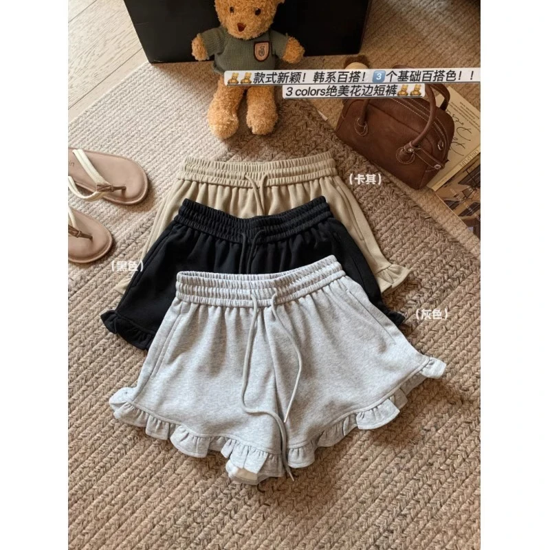 简约抽绳运动阔腿裤女夏季甜辣妹木耳花边休闲裤松紧腰百搭短裤