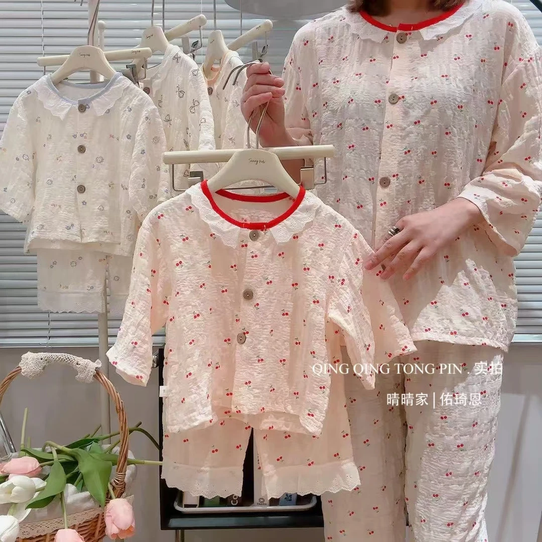 春季新品7A抗菌儿童家居服套装女童2025夏季新款甜美花边七分袖