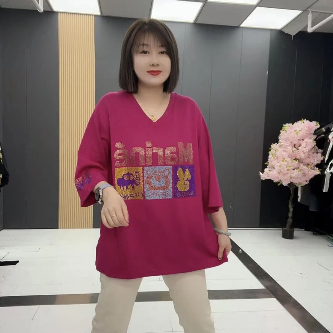 891*时尚大码T恤女性宽松型时尚V领百搭显瘦亮钻分袖大T恤