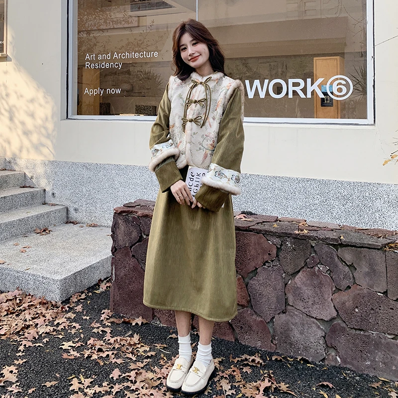 新中式国风盘扣加绒马甲套装裙女2025年冬季新款旗袍连衣裙两件套