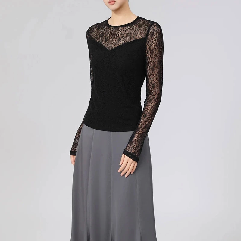 【商场同款】镂空蕾丝上衣早春新款修身拼接圆领长袖网纱衣530002