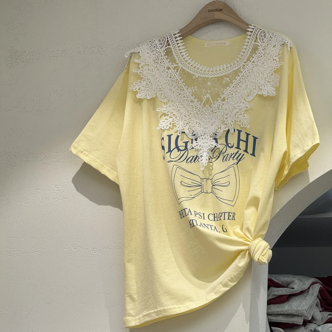 31505韩蝴蝶结图案拼接蕾丝T恤时尚休闲百搭宽松舒适简约潮流