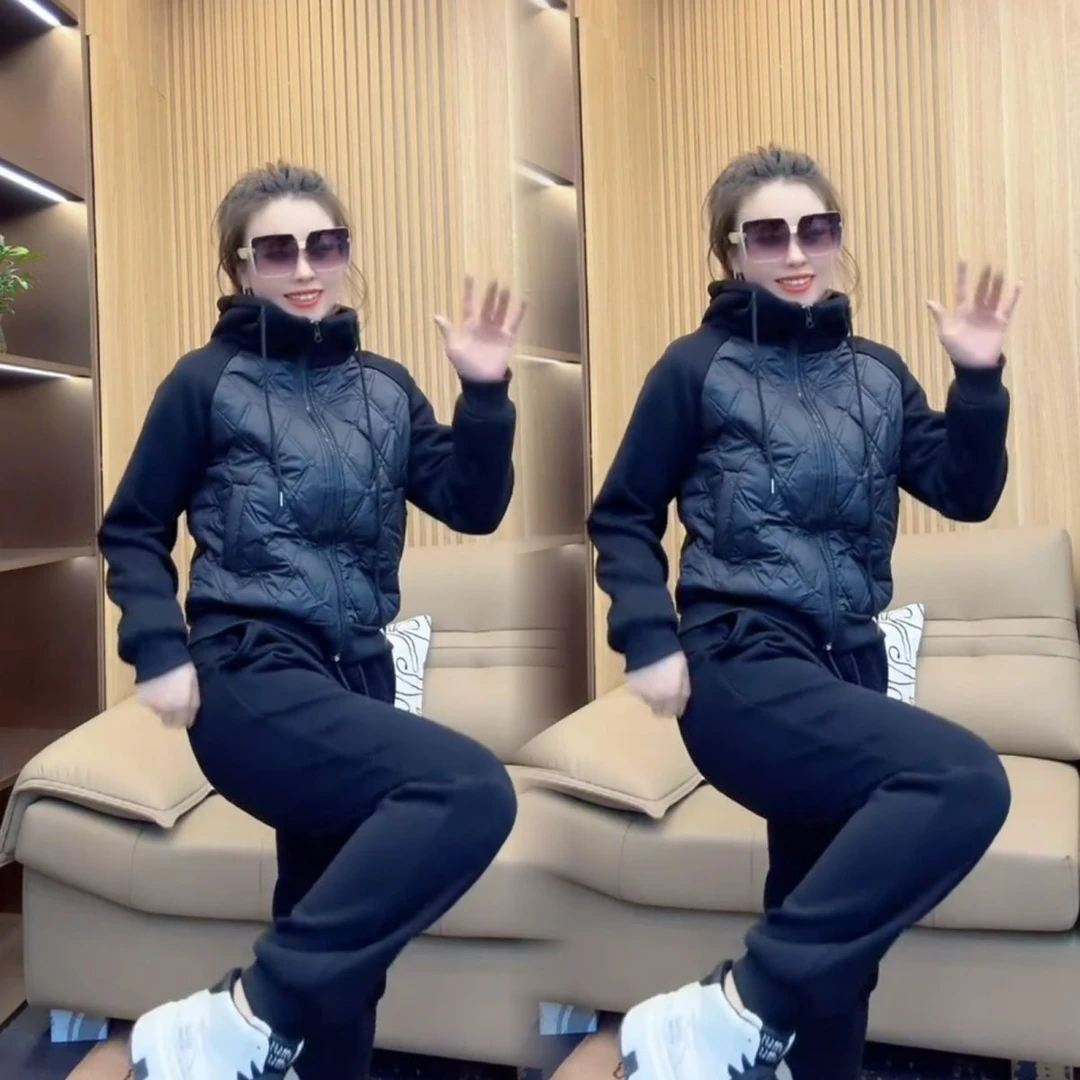 棉服套装女2025秋冬新款韩版加棉加绒洋气拼接休闲减龄显瘦两件套