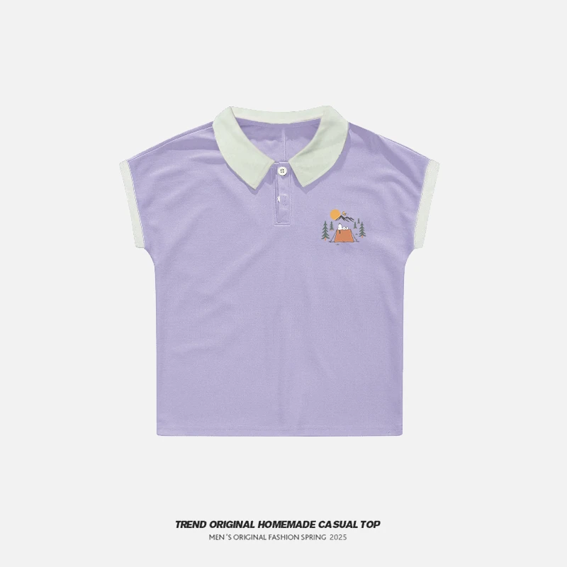 露营小白狗POLO衫夏季日系学院风紫色T恤慵懒风减龄百搭短袖女