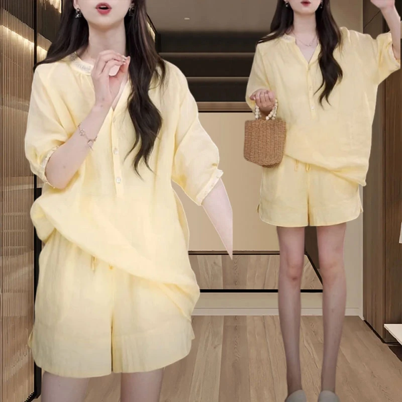 2505新款高级感气质套装女装夏季钉珠衬衫短袖+短裤时尚两件套