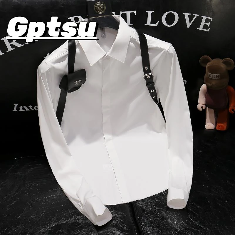 GPTSu2025新款英伦男士痞帅修身衬衣潮男背带小众设计款长袖衬衫