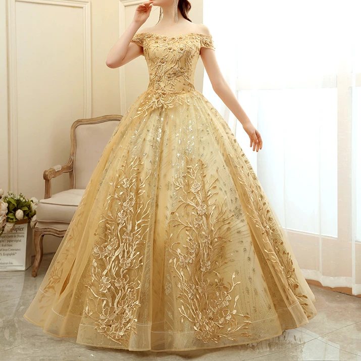 独唱演出服2020新款蓬蓬裙长款主持人声乐美声艺考服金色晚礼服女