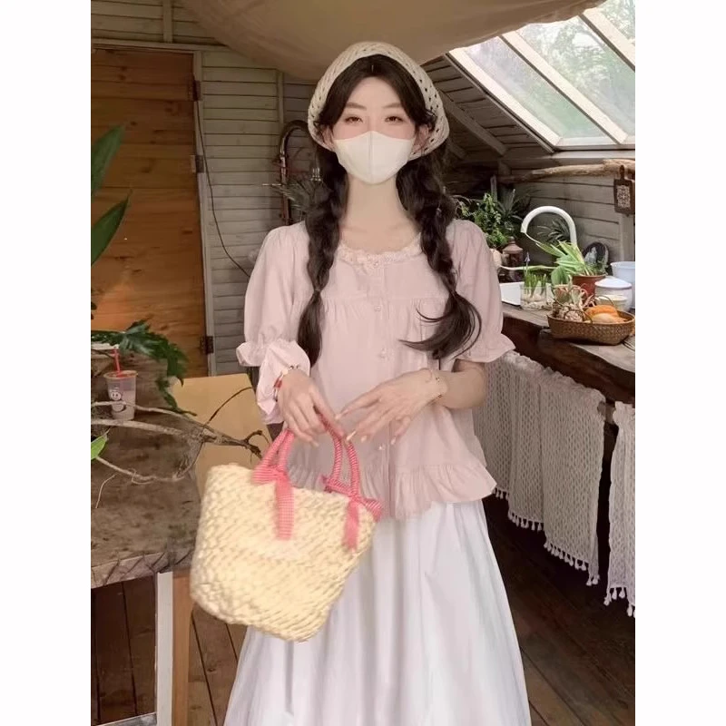 大码300斤夏季森系田园风粉色泡泡袖短袖衬衫胖妹妹宽松显瘦上衣