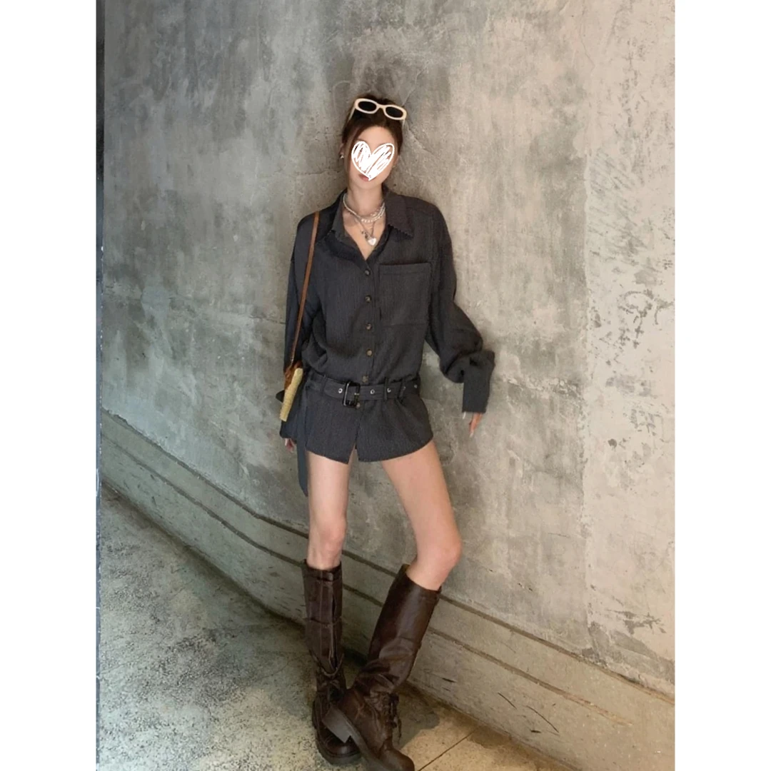 中古解构 早秋复古韩系休闲风含腰带条纹设计感衬衫上衣Y3337