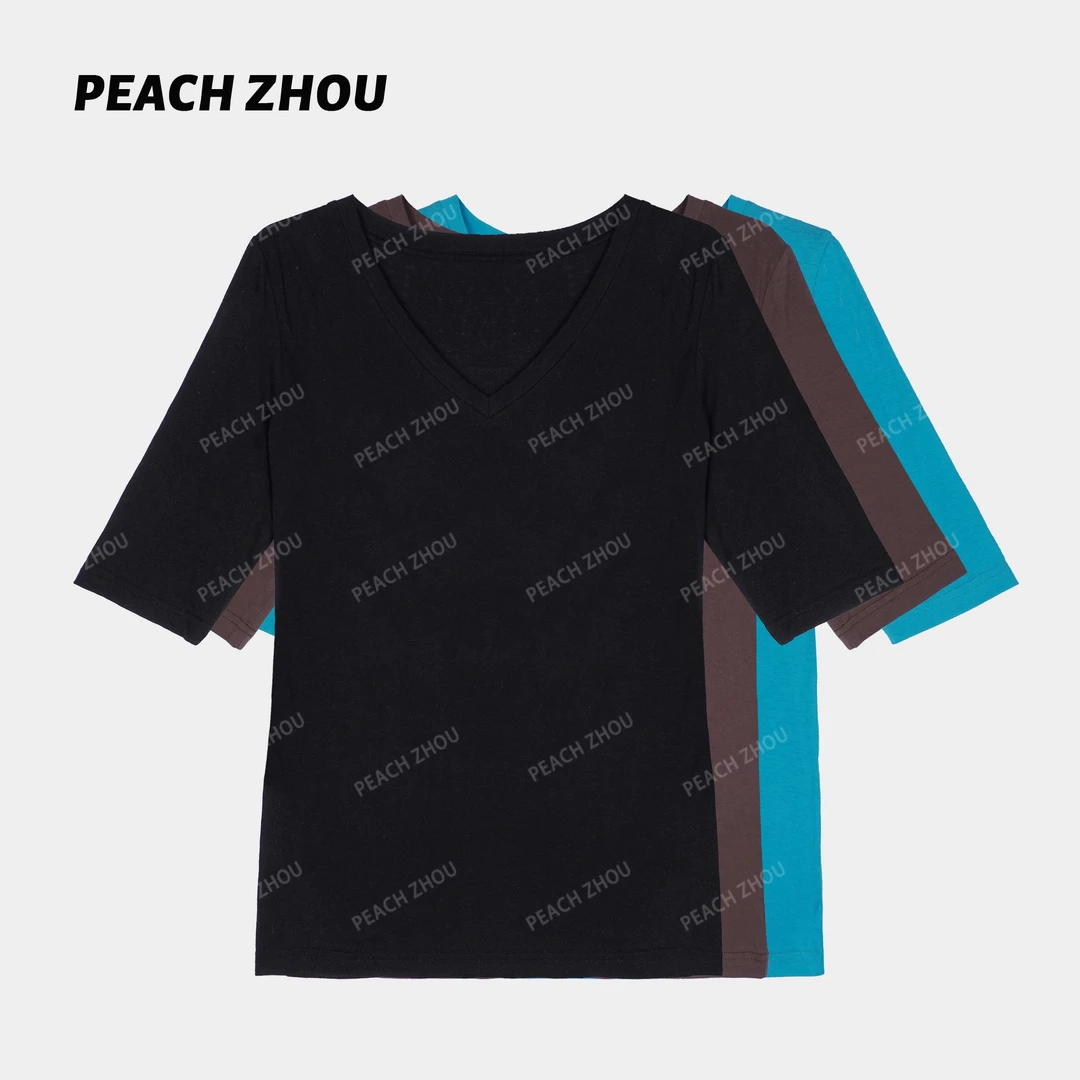 『PEACHZHOU』纯棉修身V领打底中袖简约休闲百搭纯色内搭五分袖T恤