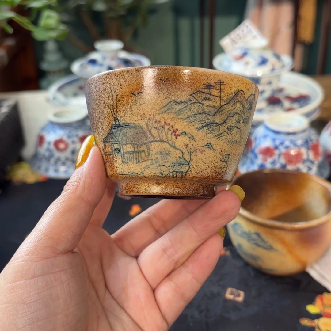 青花手绘山水杯杯