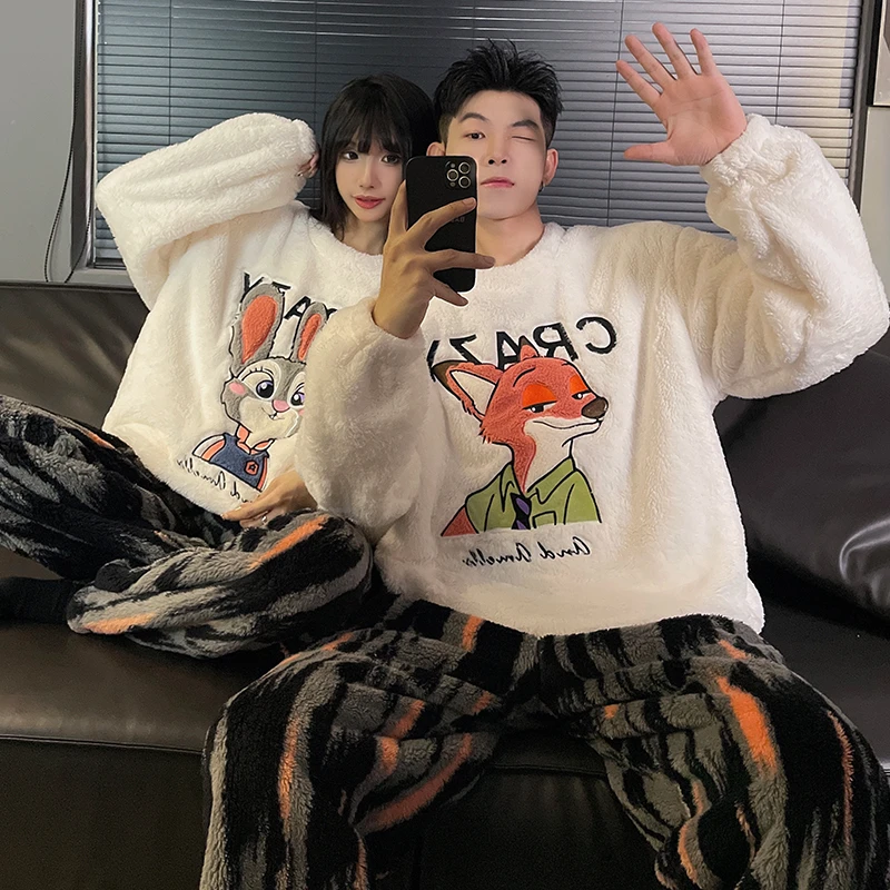 疯狂动物城秋冬季情侣睡衣珊瑚绒法兰绒加厚加绒男女款家居服套装