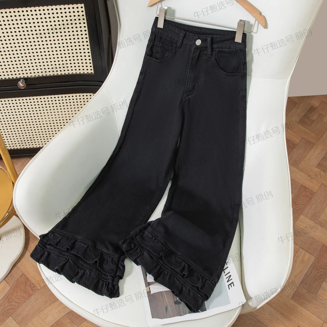 垂感天丝莱赛尔牛仔裤女秋季新款弹力黑灰色薄款阔腿裤宽松拖地裤