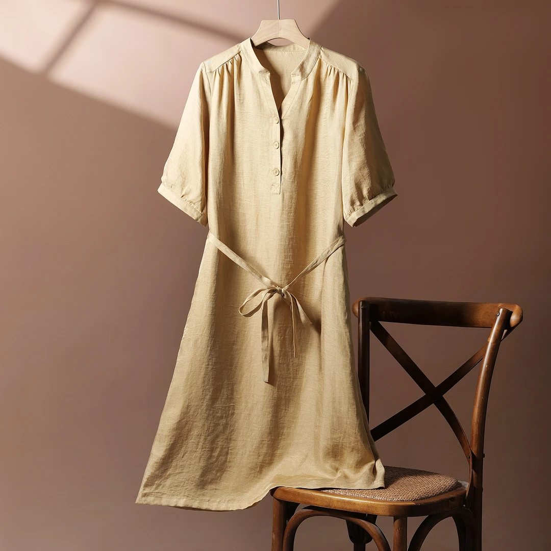 ONEOF 高端春夏款内搭长款百搭亚麻连衣裙女