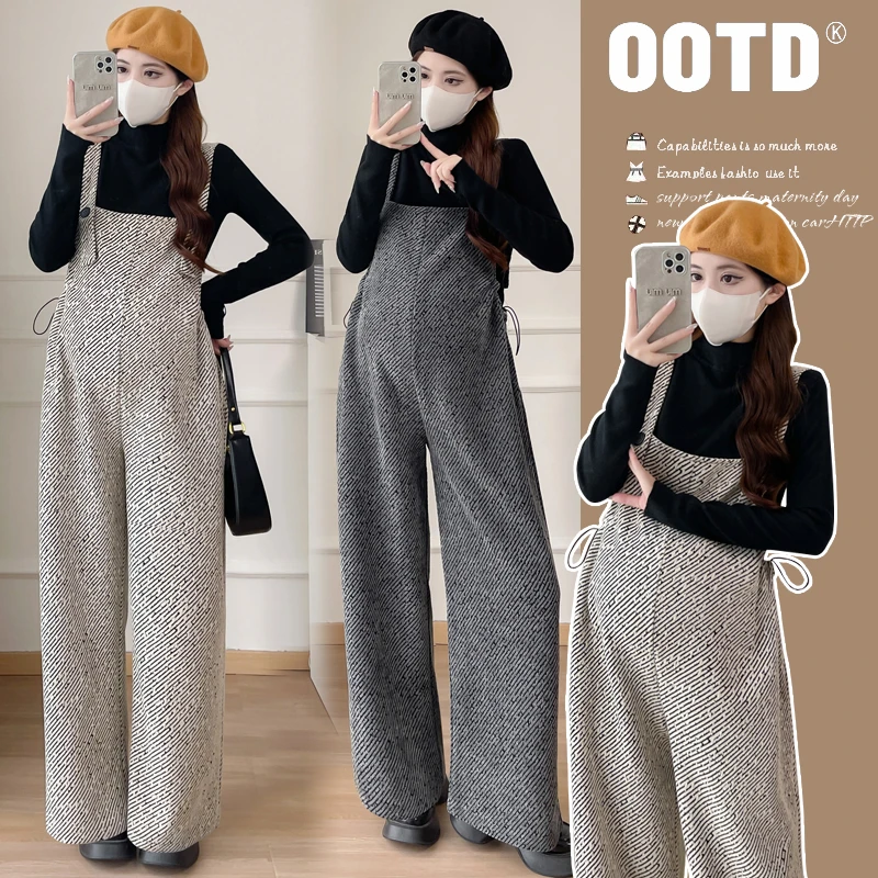 孕妇装秋冬季套装韩版斜条纹阔腿背带裤加绒加厚秋冬装遮肉显瘦
