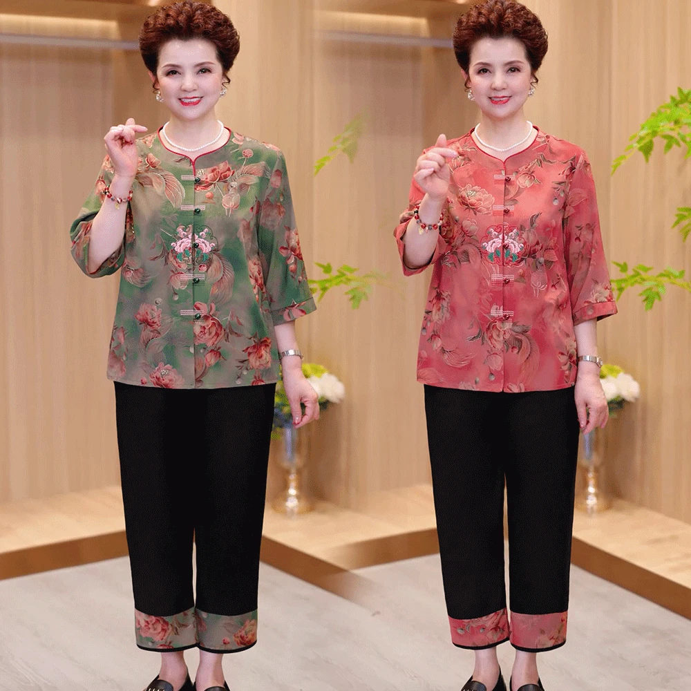 中老年人新中式女装衬衫奶奶夏季短袖妈妈国风新款老太太两件套装