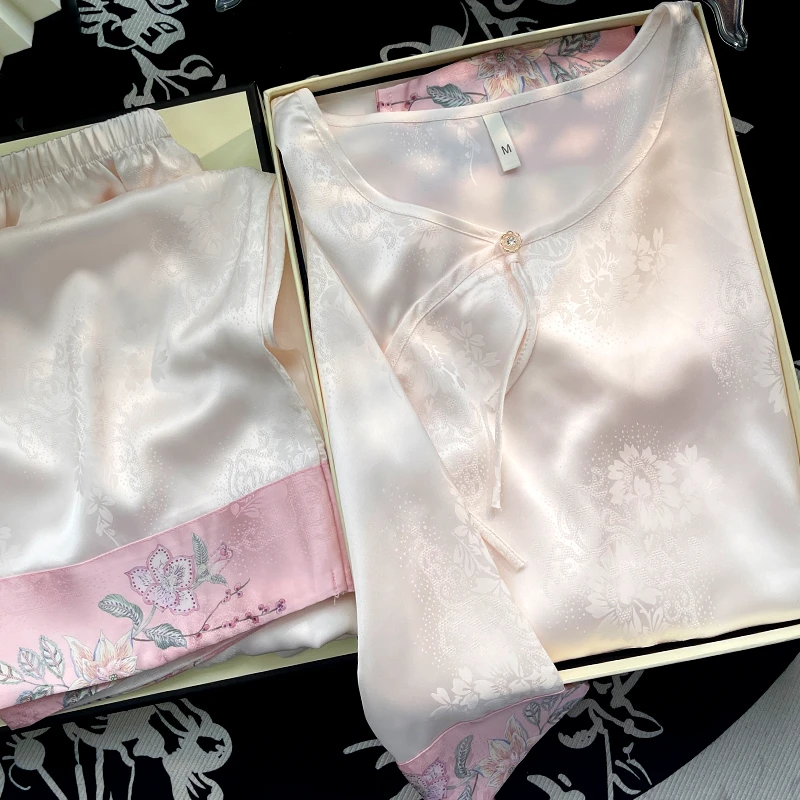 新中式中国风女士冰丝春夏季提花复古七分袖家居服可外穿薄款宽松