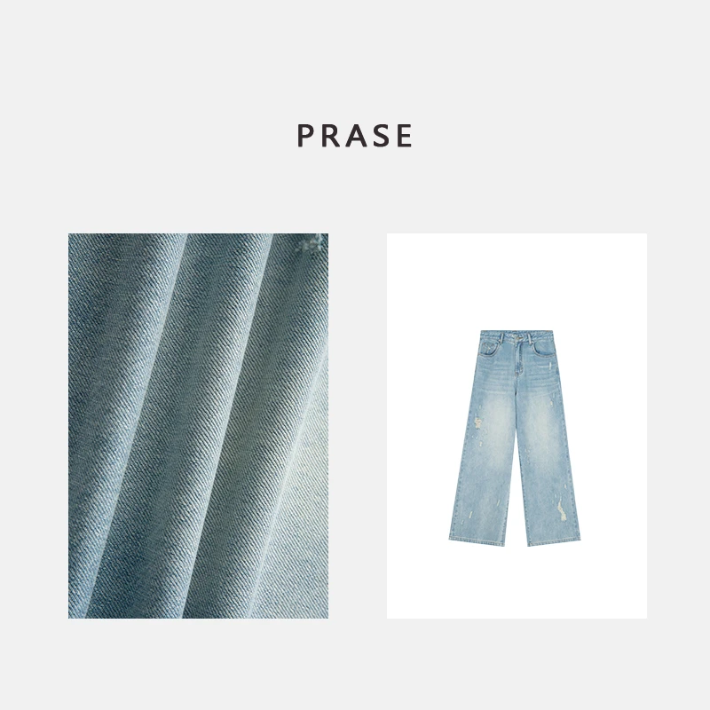 PRASE·噜【流浪诗人】微胖轻奢设计款春水洗破洞牛仔阔腿裤PR502S22