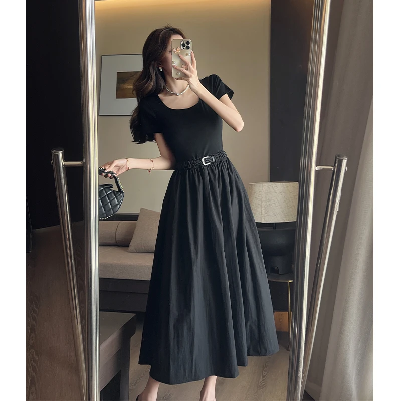 2025夏季新款法式气质方领韩版极简拼接显瘦收腰连衣裙带腰带长裙