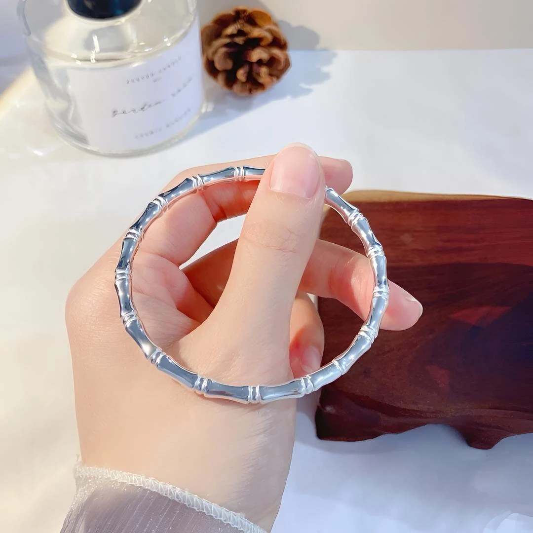 足银手镯 竹节足银999.9手镯实心节节高升款简约素圈银镯子时尚