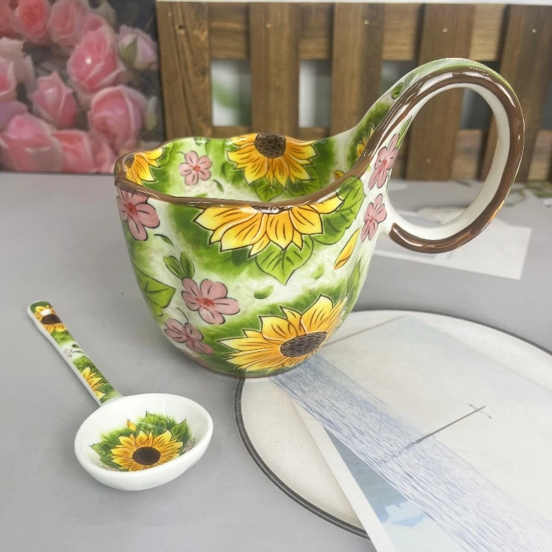 向日葵系列曲把杯配勺陶瓷餐具
