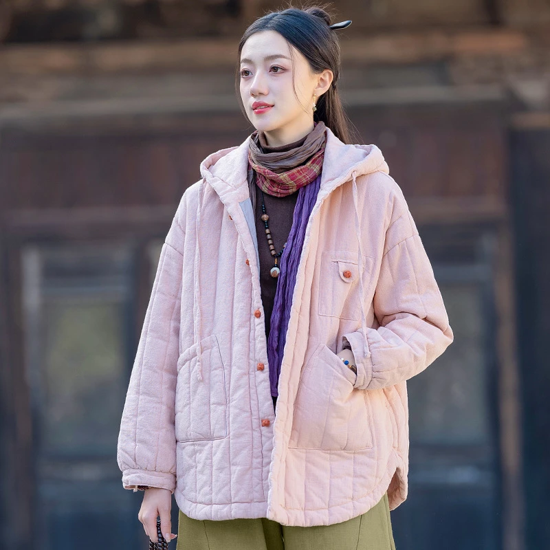 25冬季女装新款苎麻夹棉绗缝竖格棉袄棉服宽松休闲连帽保暖棉衣