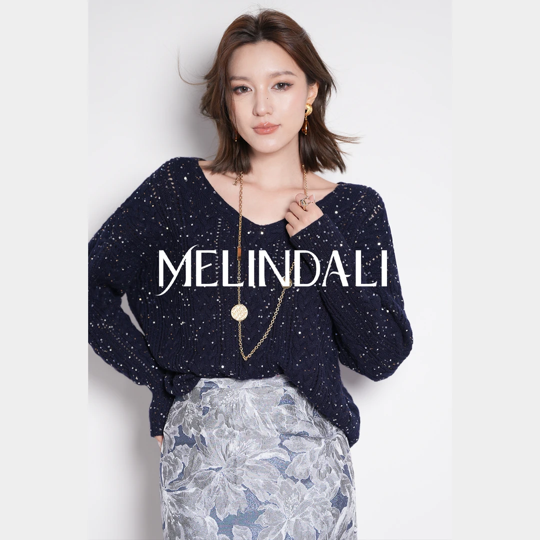Melinda Li【星月夜】 早秋法式2/48支绵羊毛珠片纱镂空绞花V领毛