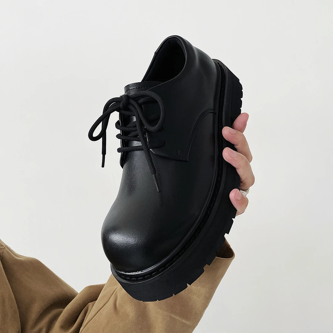 牛皮四季鞋男士真皮休闲大头皮鞋米奇增高德比鞋黑色通勤翘头皮鞋