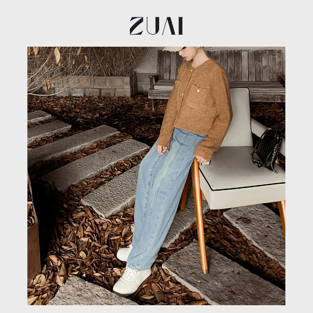 【雅赛尔月光明线牛仔裤】棉烫明线高腰直筒裤W23CT202