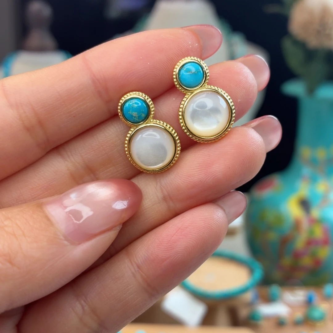 绿松石银S925镀金镶嵌耳饰