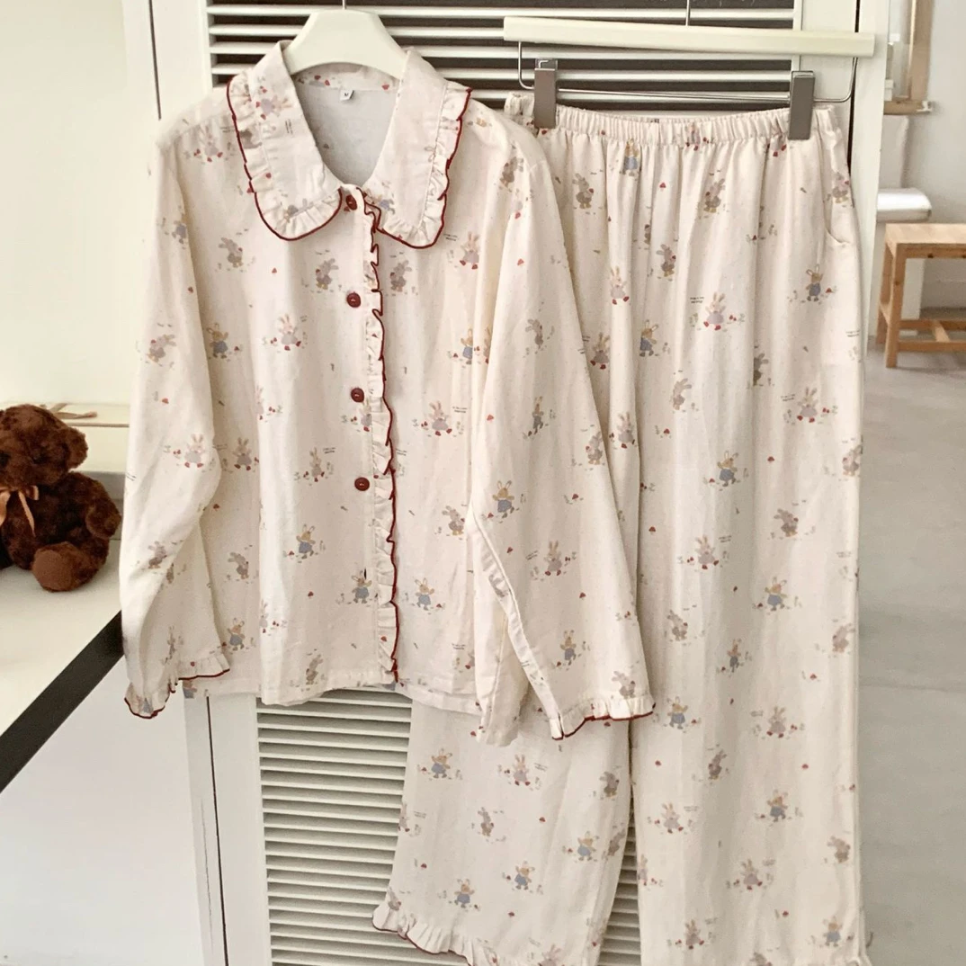 【陌维】新款卡通娃娃领睡衣女春秋季可爱全棉双层纱韩系风格家居服