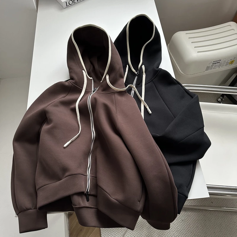 春季美式复古撞色宽松拉链连帽卫衣外套 休闲百搭拉链帽衫