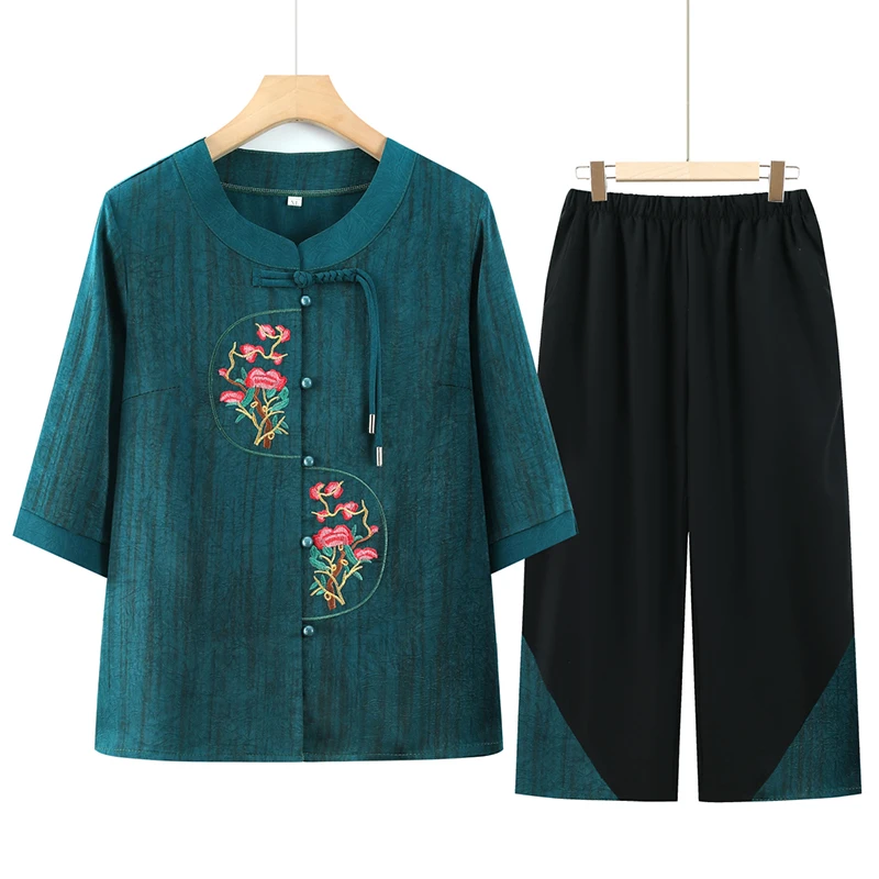 中老年女装夏季休闲套装大码妈妈装宽松薄款绣花上衣老太太两件套