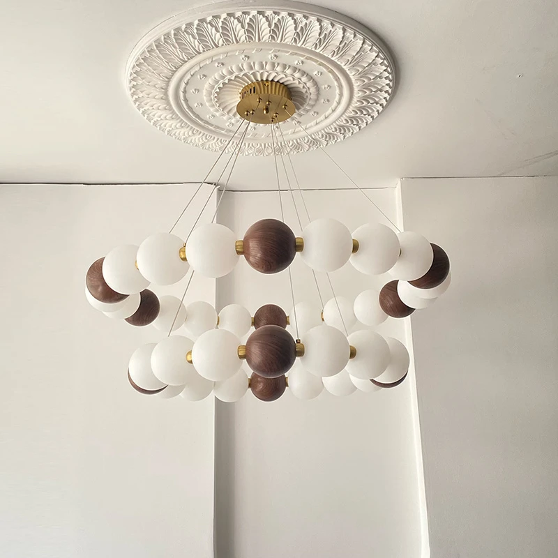 法式中古风客厅吊灯 复古胡桃木实木珍珠项链圆形魔豆大厅主灯具