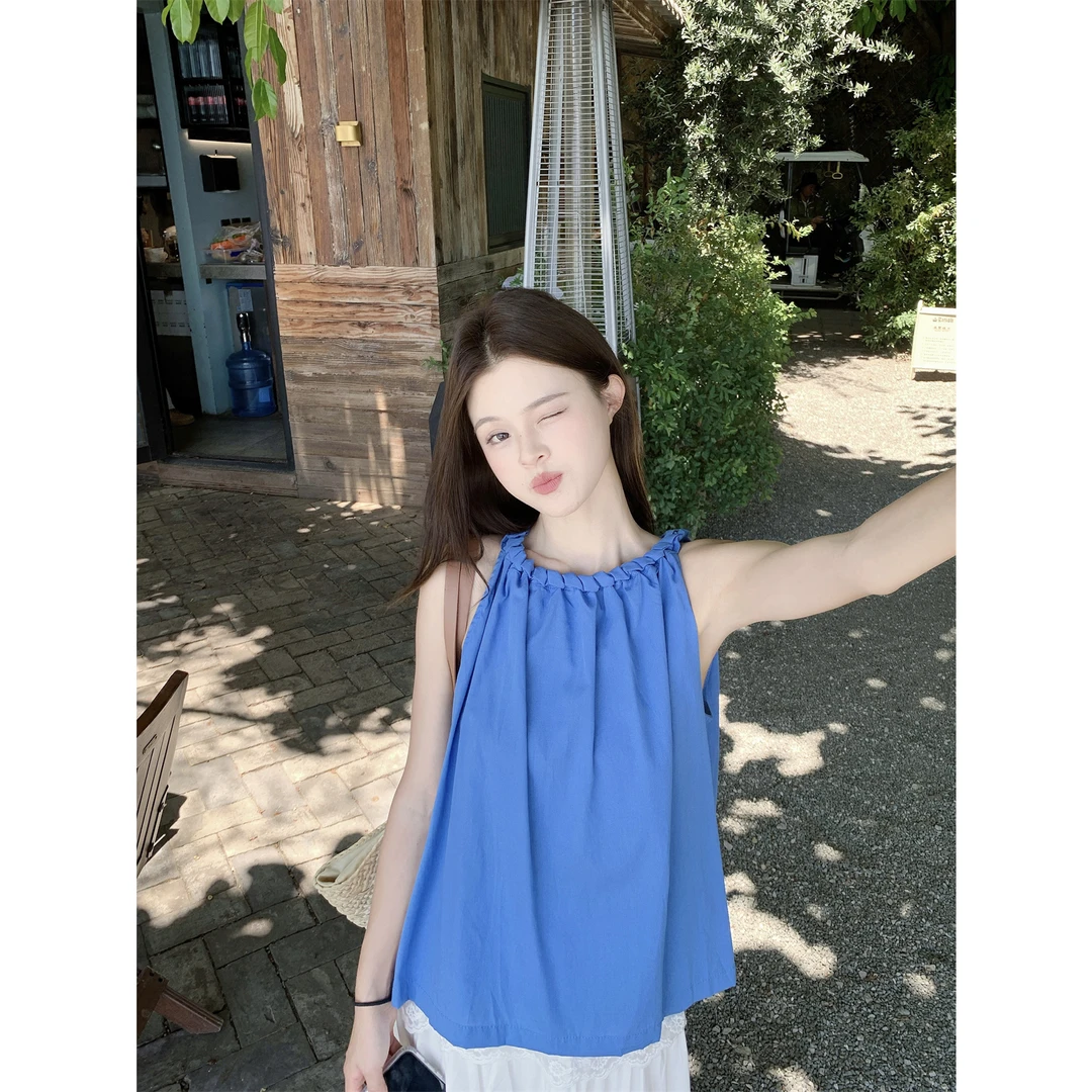 夏甜美宽松娃娃衫慵懒度假无袖挂脖上衣+白色花边蛋糕半身裙