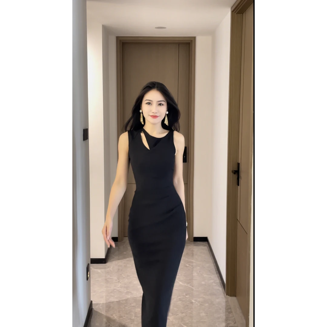 【袁小姐】黑天鹅 法式高级轻奢设计师气质显瘦时尚连衣裙-JF131