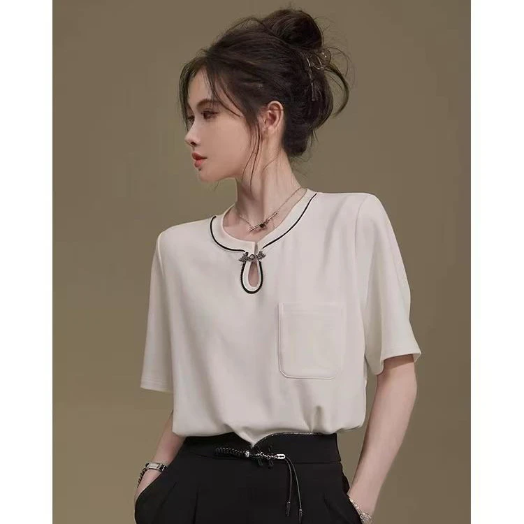 特！门店26&9！京华梦T恤」轻国风旗袍领水滴盘扣短袖上衣女D40141