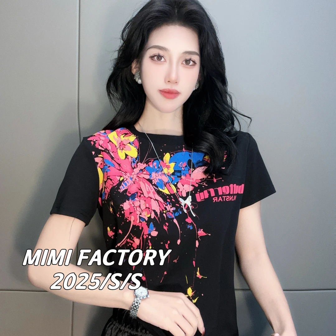 2025夏季新款 欧货满印蝴蝶短袖T恤女修身显瘦时尚百搭5455#