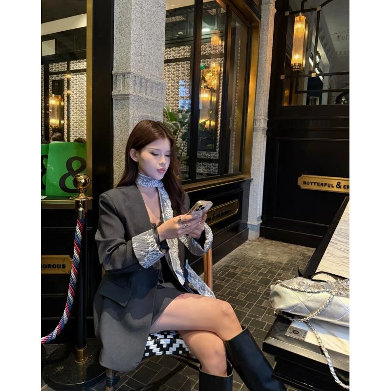 春夏流行蕾丝拼接飘带3296西装外套A字半身裙套装韩版减龄通勤